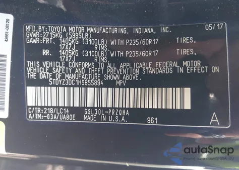 2017 Toyota Sienna Xle/Limited из США, поврежденный, VIN 5TDYZ3DC1HS855894